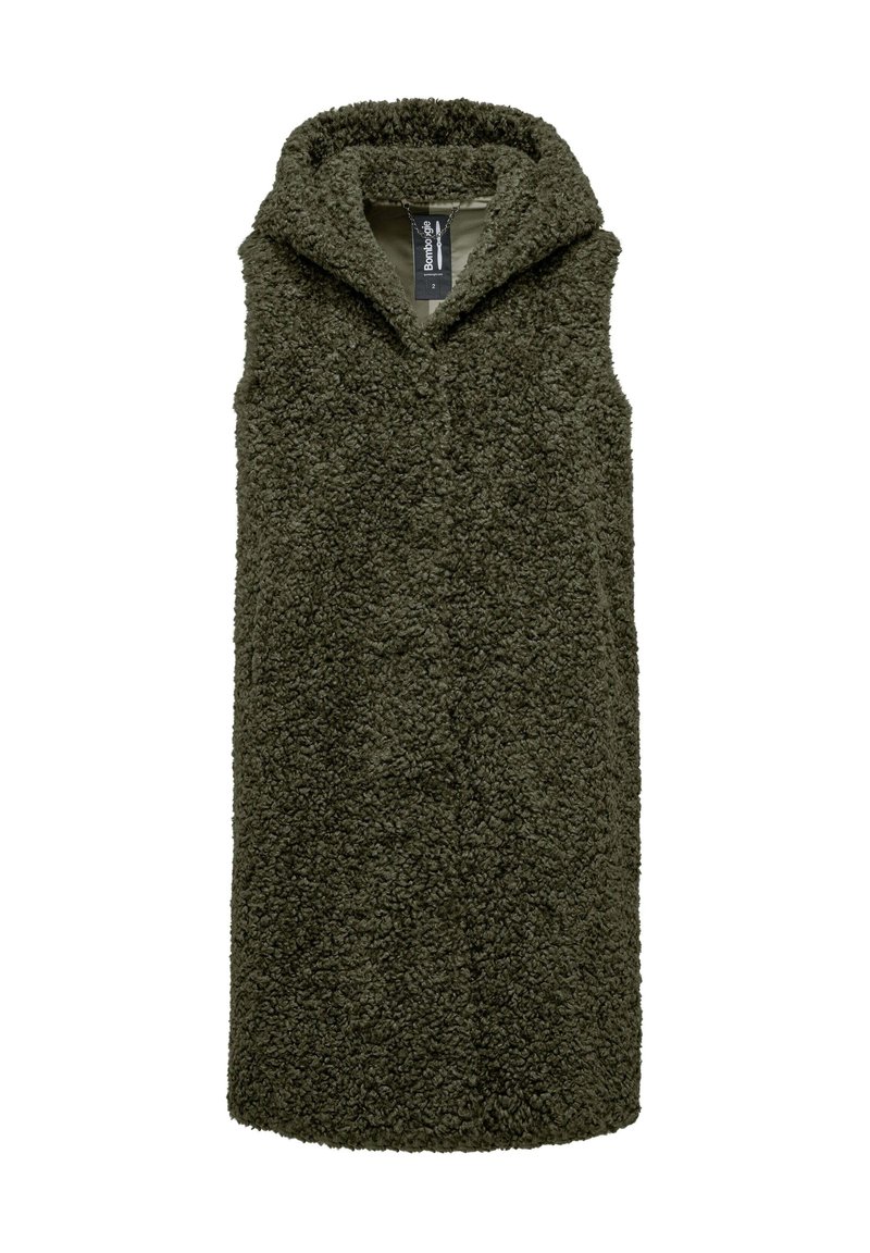 Gilet senza maniche verde oliva, realizzato in tessuto testurizzato e morbido, con cappuccio e taglio dritto. Nessun bottone o cerniera visibile.
