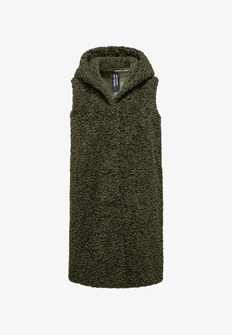 Oliwkowa bezrękawnik, wykonany z teksturowanej, puszystej tkaniny, z kapturem i prostym krojem. Brak widocznych guzików lub zamków.