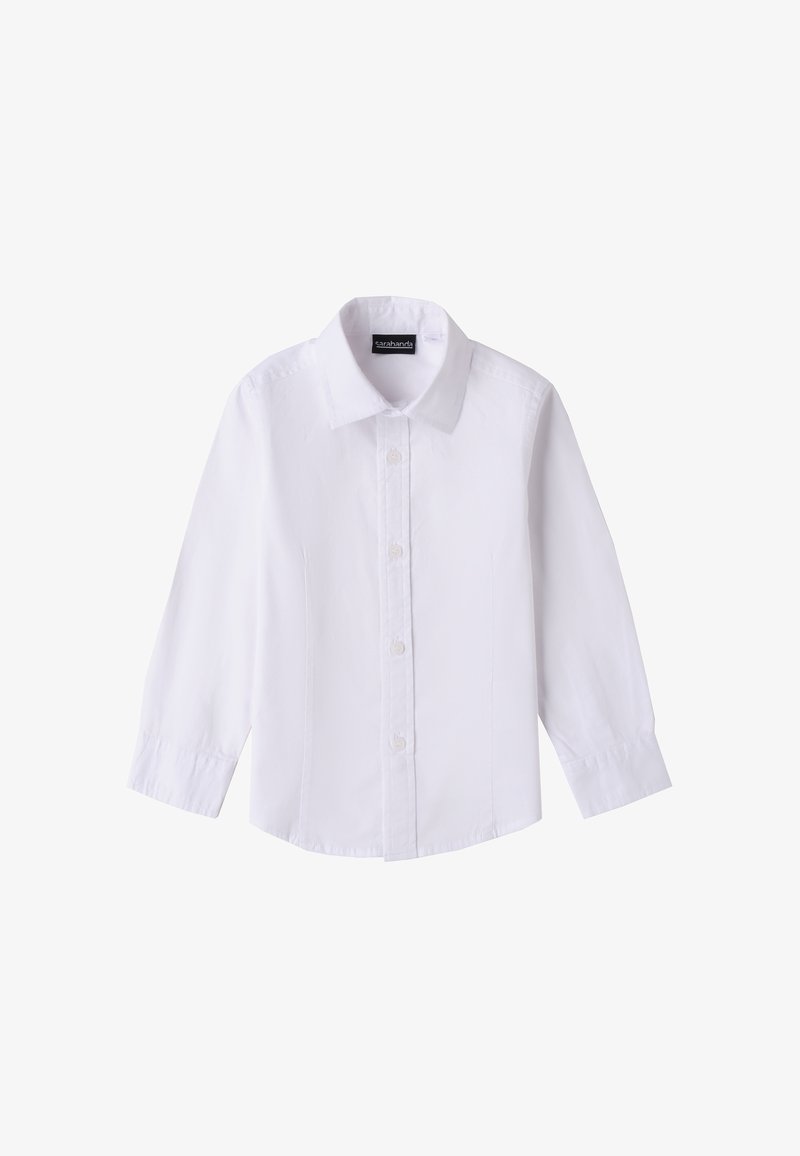 Camicia bianca a maniche lunghe con colletto classico e cuciture aderenti, mostrata distesa su uno sfondo bianco.