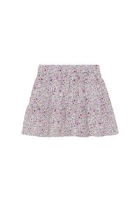 Jupe florale en tissu léger avec un design à volants et froncés ; présente des motifs pastel de rose, violet et bleu sur fond blanc.