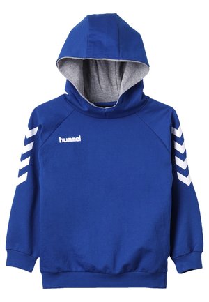Blaues Hoodie mit grauem Innenfutter, mit weißen Zickzackstreifen an den Ärmeln und dem "hummel"-Logo in Weiß auf der Vorderseite. Weiches Baumwollmaterial.