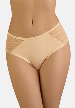 Beige hohe Slips mit einer glatten Textur, gewelltem Bund und gestreiften Mesh-Akzenten an den Seiten.