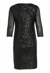Czarna sukienka do kolan z rękawami do połowy przedramienia, pokryta błyszczącymi cekinami tworzącymi efekt migotania.