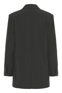 Tmavě šedý tailored blazer s dlouhými rukávy, klopovým límcem a čtyřmi knoflíky na každém manžetu, zobrazený zezadu.