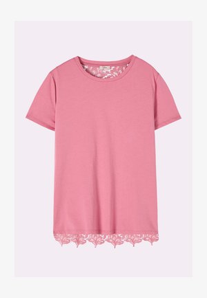 Blusa rosa a maniche corte con scollo rotondo, con dettaglio in pizzo lungo la parte interna posteriore dello scollo e orlo smerlato.