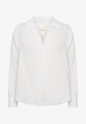 Vit linneskjorta med långa ärmar, klassisk krage, V-halsringning och rak fåll. Minimalistisk design som visar en mjuk textur.