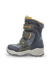 Bota de invierno azul y gris con un diseño robusto, hecha de materiales sintéticos. Cuenta con correas de Velcro, cuello acolchado y suela texturizada.