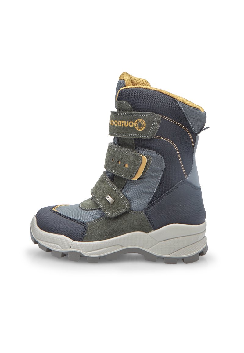 Bota de invierno azul y gris con un diseño robusto, hecha de materiales sintéticos. Cuenta con correas de Velcro, cuello acolchado y suela texturizada.