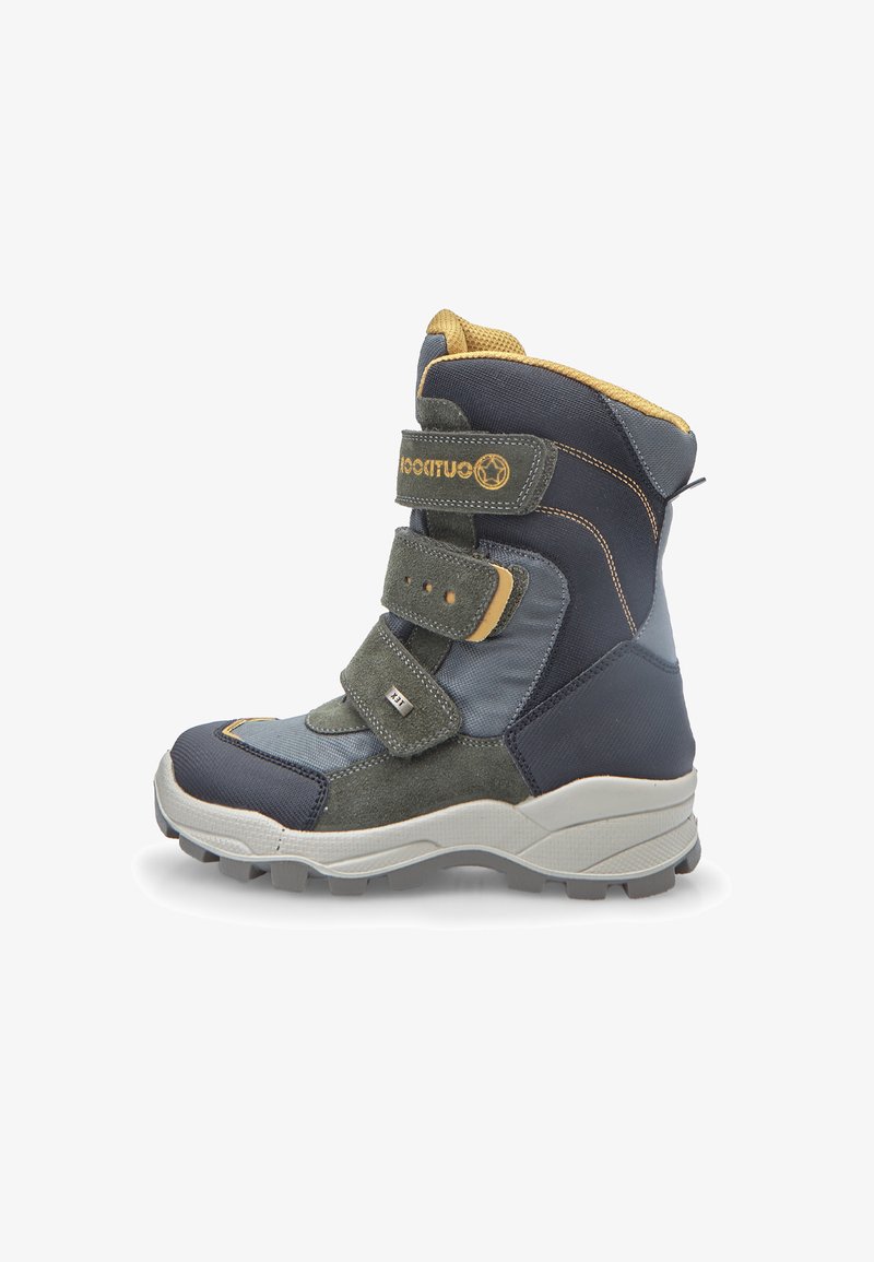 Bota de invierno azul y gris con un diseño robusto, hecha de materiales sintéticos. Cuenta con correas de Velcro, cuello acolchado y suela texturizada.