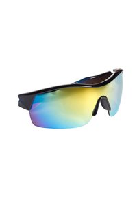 Occhiali da sole sportivi neri con design avvolgente, dotati di lenti sfumate che passano dal blu al giallo e montatura in plastica liscia.