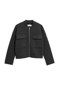 Veste en laine gris foncé avec fermeture éclair à l'avant, deux poches à rabat sur la poitrine, manches longues et col côtelé.
