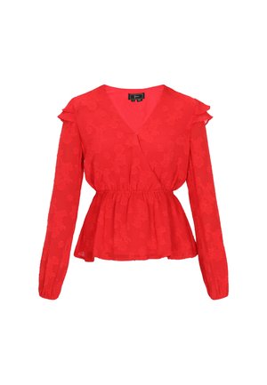 Piros, hosszú ujjú blúz, amely átkapcsolt dizájnnal, texturált virágmintával, fodros vállrésszel és rugalmas derékpánttal rendelkezik.