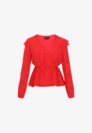 Sarkana garā piedurkne blūze ar apmetuma dizainu, strukturētu ziedu rakstu, izsistiem plecu akcentiem un elastīgas jostas detaļām.