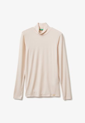 Long-sleeve beige turtleneck sweater made of soft fabric, displayed flat with a small brand label near the hem.