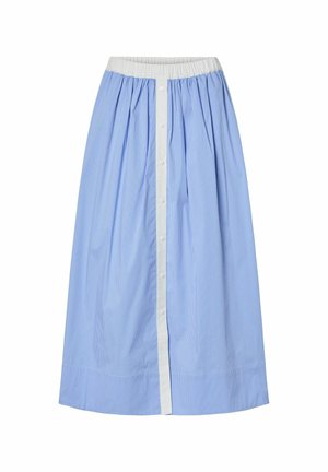 Niebieska i biała wąsko paskowana bawełniana spódnica z elastycznym paskiem w talii, z guzikami z przodu i plisowanym wzorem. Długość spódnicy sięga do połowy łydki.