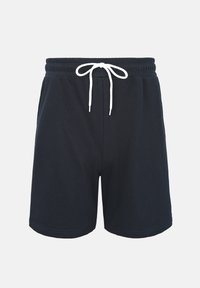 Μαύρα casual σορτς με ελαστική μέση και λευκό κορδόνι, μπροστινή όψη σε απλό φόντο.