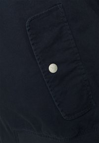 Mörkblå jacka med detalj av ett framträdande klaffficka med ett silverfärgat tryckknapp och textil med struktur, som visar upp sömmar och rena linjer.