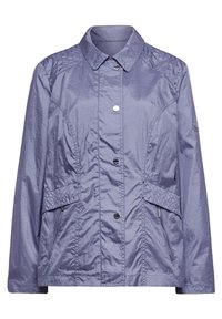 Helle lila, leichte Jacke mit Kragen, Knopfverschluss und Reißverschlusstaschen. Gepolsterte Details an den Seitenpaneelen. Glatte Textur.