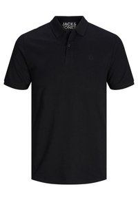 Schwarzes Poloshirt aus Baumwolle, mit einem Kragen, Knopfleiste mit drei Knöpfen und einem dezenten Logo auf der Brust. Kurze Ärmel, schlichtes Design.