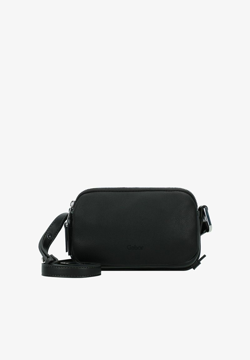 Schwarze Leder-Crossbody-Tasche mit strukturiertem Finish, Reißverschluss, verstellbarem Tragegurt und geprägtem Logo auf der Vorderseite.