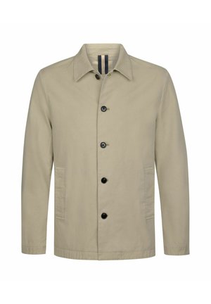 Beige jas met een kraag, zwarte knopen en zijzakken. Gemaakt van gladde stof met een klassieke, minimalistische uitstraling.