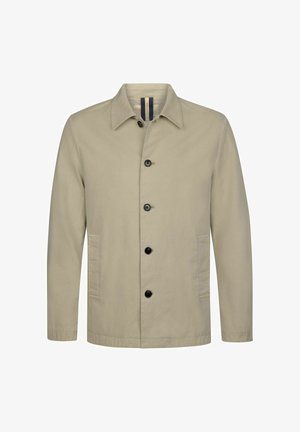 Veste beige avec un col, des boutons noirs et des poches latérales. Fabriquée en tissu lisse avec une apparence classique et minimaliste.