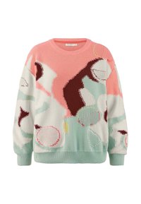 Pull en maille rose pastel, vert menthe et beige avec des motifs abstraits, col et poignets côtelés, et une finition texturée.