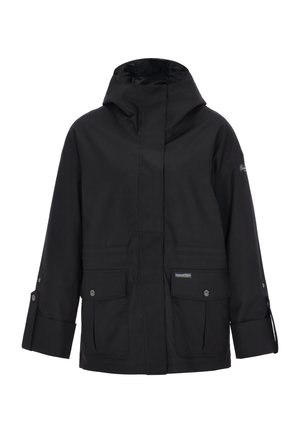 Giacca nera impermeabile con collo alto, due tasche frontali e polsini regolabili. Presenta un logo discreto sulla manica e una texture liscia.