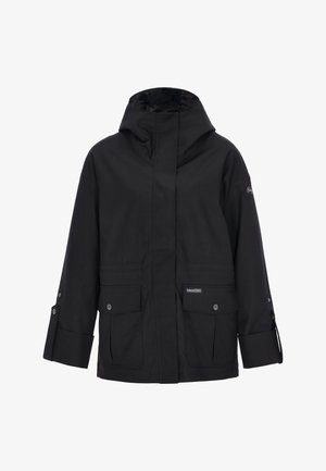 Fekete vízálló dzseki magas gallérral, két első zsebbel és állítható mandzsettákkal. Finom logó található az ujján, sima tapintású anyagból.