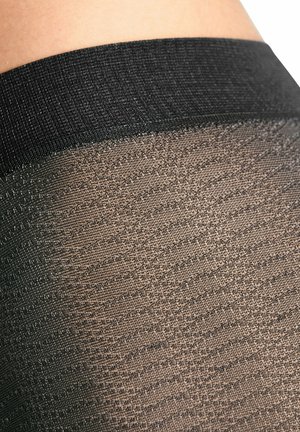 Schwarze, strukturierte Strumpfhosen mit einem breiten elastischen Bund und einem gemusterten Strickdesign in verschiedenen Brauntönen und Schwarz.