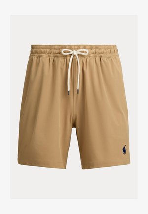 Herrebadeshorts i beige stoff med elastisk midje og snor. Har en liten blå logo på nedre venstre side.