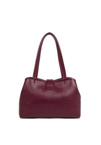 Sac à main en cuir bordeaux avec deux poignées, corps arrondi et fermeture par onglet central. Surface texturée avec un design minimaliste.