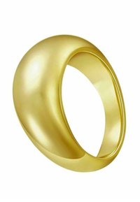 Anillo de color dorado con un diseño liso y redondeado. Presenta una superficie pulida y una banda ancha, con una forma minimalista y sin costuras.