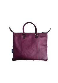 Borsa tote in pelle viola con manici corti, chiusura a zip, due elementi circolari e una superficie testurizzata. Ha una forma rettangolare e cuciture minime.