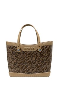 Torba tote w print w panterkę z brązowego materiału gumowego, z różowym logo, dwiema mocnymi uchwytami i teksturowanym dnem dla lepszej przyczepności.