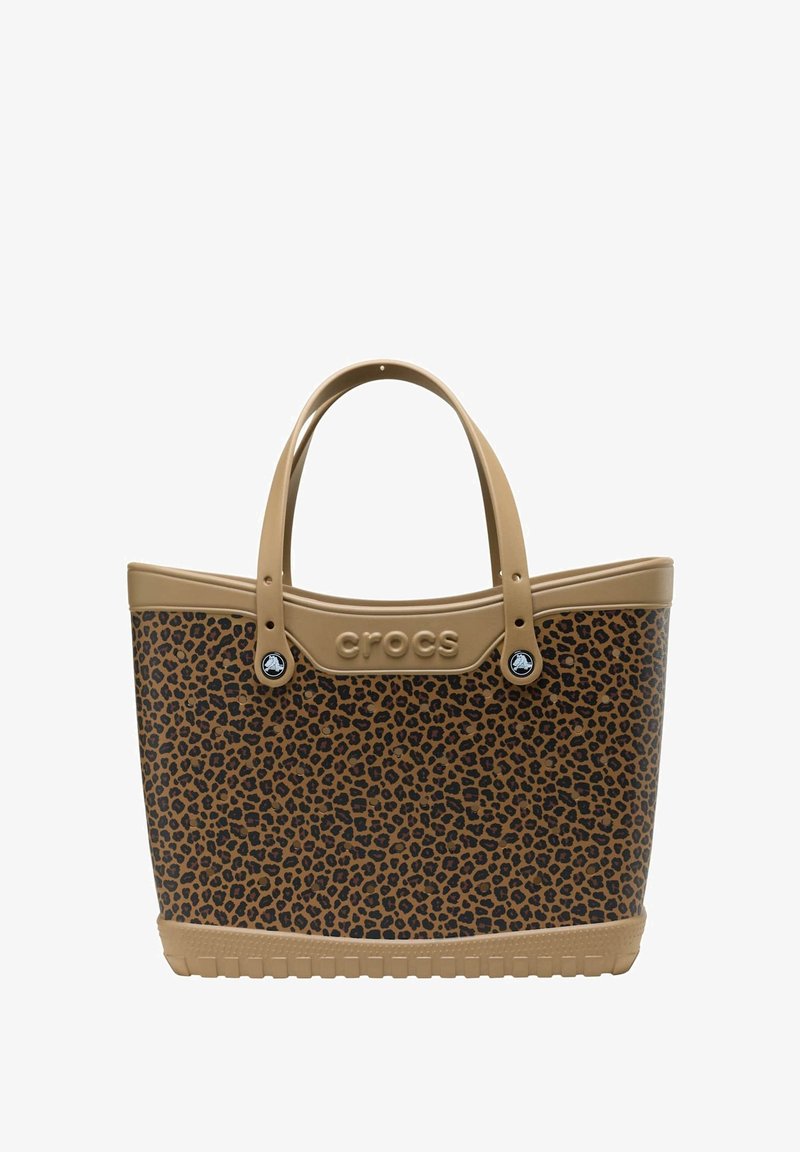 Torba tote w print w panterkę z brązowego materiału gumowego, z różowym logo, dwiema mocnymi uchwytami i teksturowanym dnem dla lepszej przyczepności.