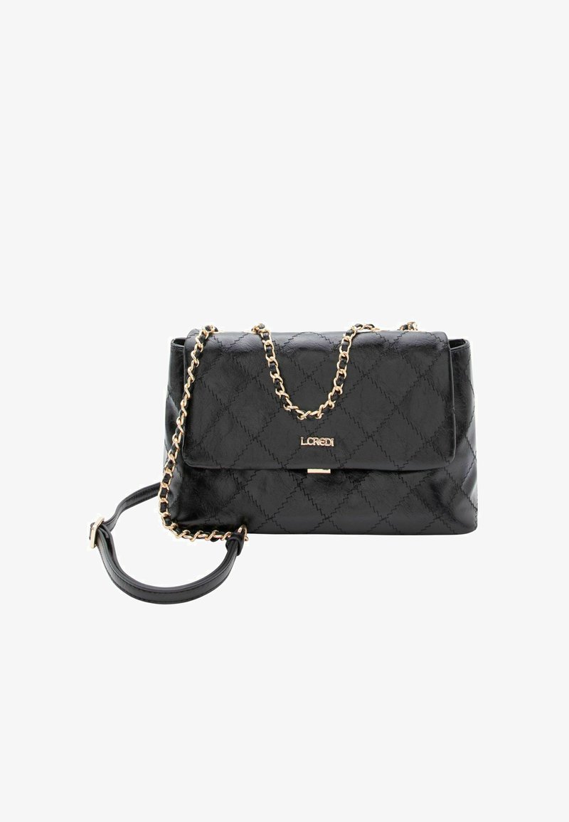 Borsa trapuntata nera in pelle sintetica. Presenta una tracolla a catena tono oro e una chiusura, con una texture liscia e una forma rettangolare.