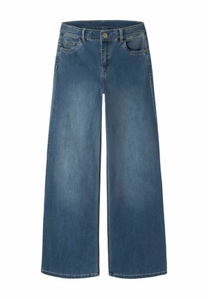 Blå vidde jeans med frontknap og lynlås, to frontlommer og bæltestropper, vist på hvid baggrund.
