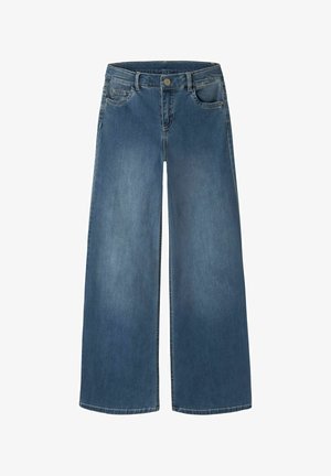 Jean en denim bleu à jambes larges avec bouton et fermeture éclair à l'avant, deux poches avant et passants de ceinture, présenté sur fond blanc.