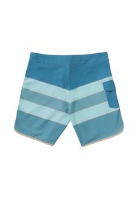 Modré plavky majú vodorovné pruhy v rôznych odtieňoch, bočné vrecko a nastaviteľný pás na šnúrku. Materiál pôsobí ľahko a rýchlo schne.