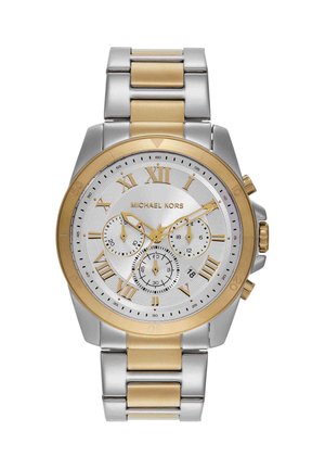 Montre-bracelet bicolore argent et or Michael Kors avec chiffres romains, trois sous-cadrans, guichet date et bracelet métallique lié.