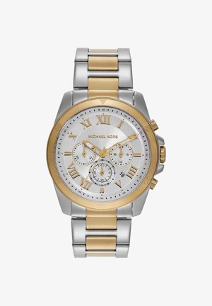 Reloj de pulsera Michael Kors bicolor en plata y oro con números romanos, tres subesferas, ventana de fecha y pulsera metálica enlazada.