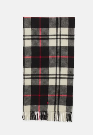 Zwart, wit, grijs en rood geruite sjaal met franjes aan de randen, plat neergelegd met een klein geborduurd logo nabij het midden onderaan.