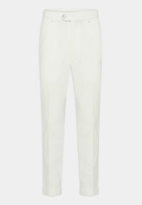 Weiße maßgeschneiderte Hose mit geradem Schnitt, zwei vorderen Taschen, Ein-Knopf-Verschluss und umgeschlagenen Säumen. Hergestellt aus glattem Stoff.
