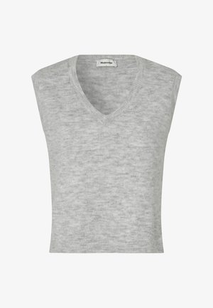 Grå ermeløs genser med V-hals-design, laget av mykt materiale, med en subtil tekstur og en tettsittende silhuett.