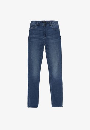 Mørkeblå denimjeans med lige snit, moderat falming og subtile whiskering-detaljer. Har fem lommer og knaplukning.
