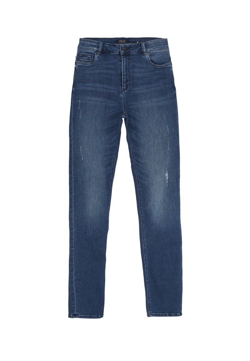 Donkerblauwe denim jeans met een rechte snit, gematigde vervaging en subtiele wassing details. Bevat vijf zakken en een knoopsluiting.