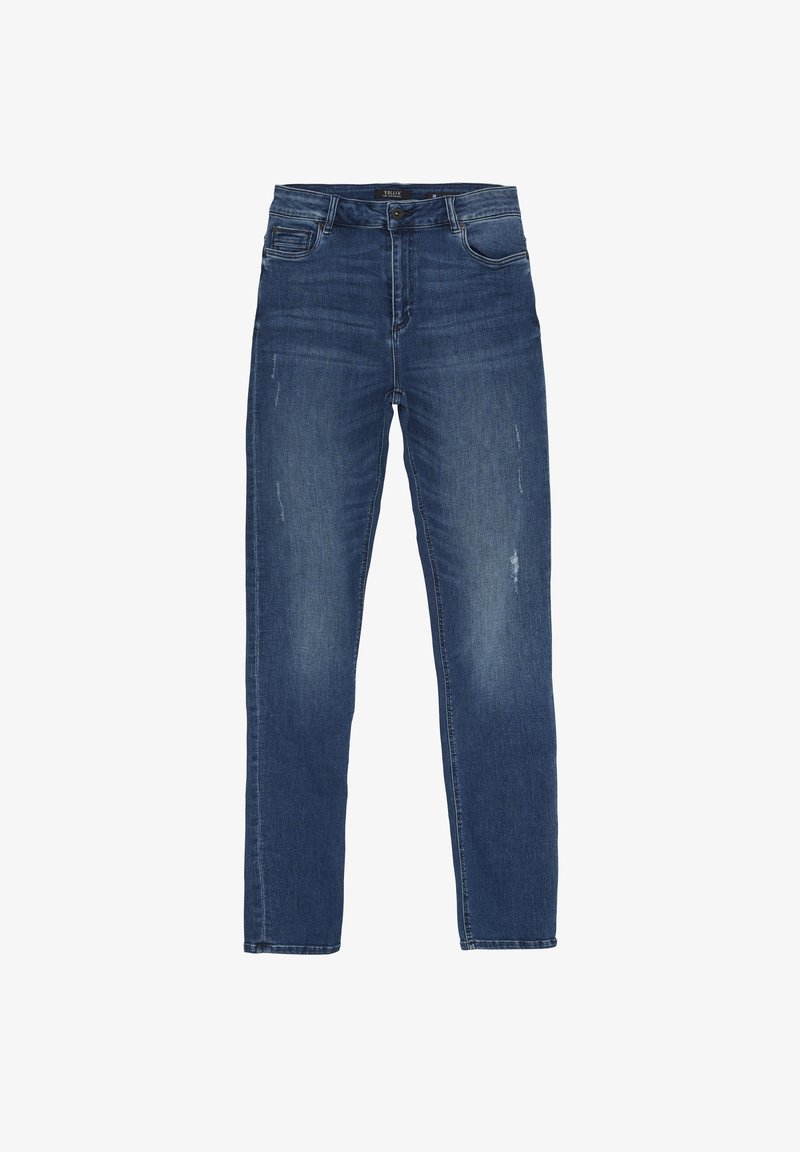 Donkerblauwe denim jeans met een rechte snit, gematigde vervaging en subtiele wassing details. Bevat vijf zakken en een knoopsluiting.