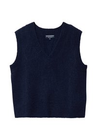 Mörkblå ärmlös stickad tröja med v-ringning och texturerad tyg. Har en ribbad nederkant och axlar, vilket ger en avslappnad passform.