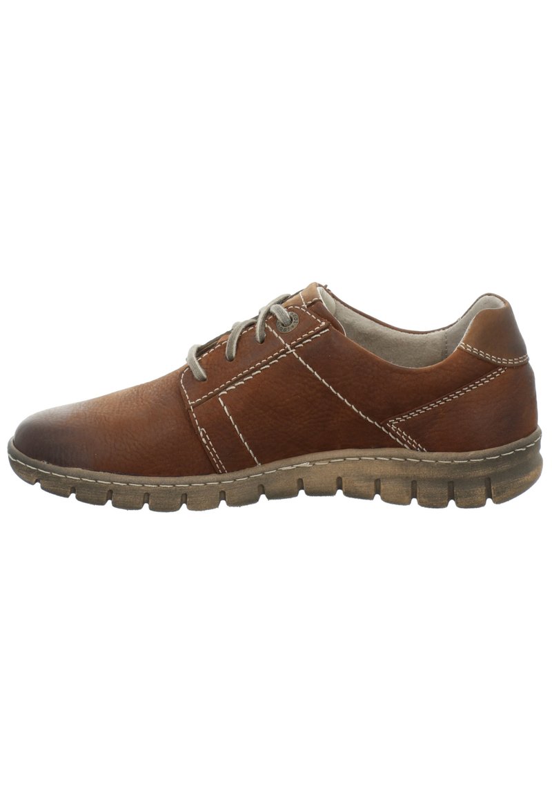 Brown leather shoe with a rounded toe, textured finish, light stitching, and rubber sole featuring ridges; lace-up design with gray laces.